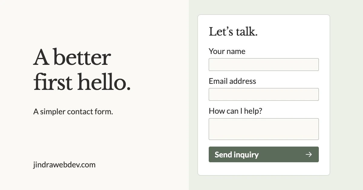 A better first hello: an illustrated contact form with name, email, message, and a Send inquiry button.