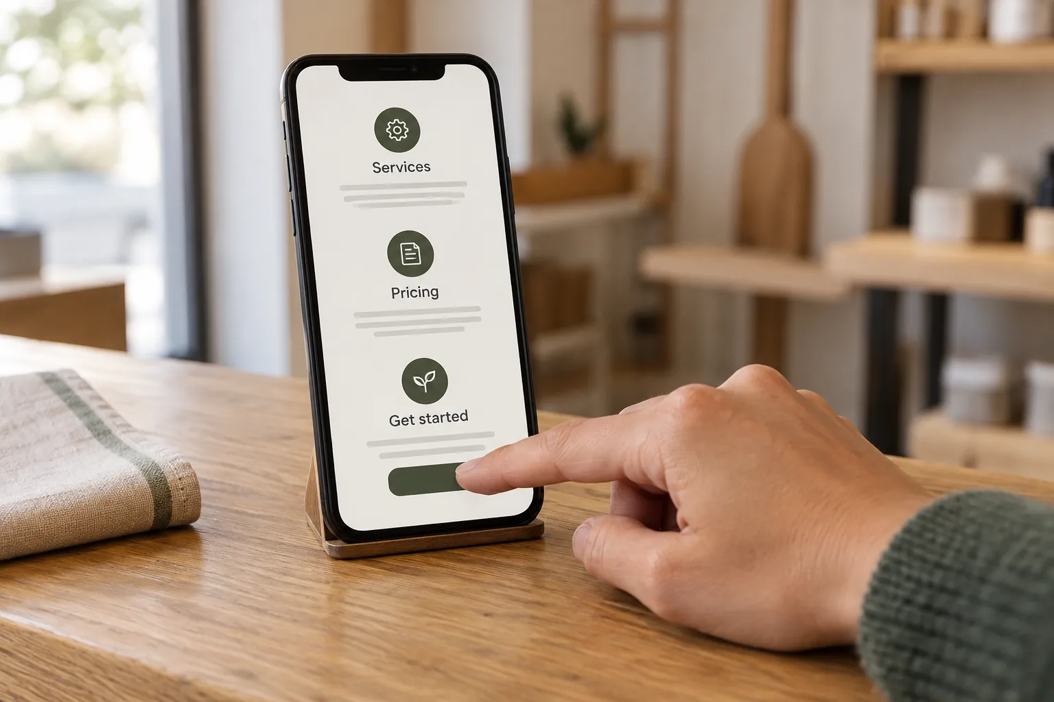 A hand using a phone displaying an illustrative website with Services, Pricing, and Get started sections.