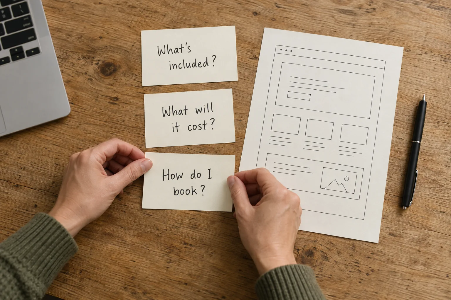 Hands arranging three customer-question cards beside a sketched website layout on an oak table.