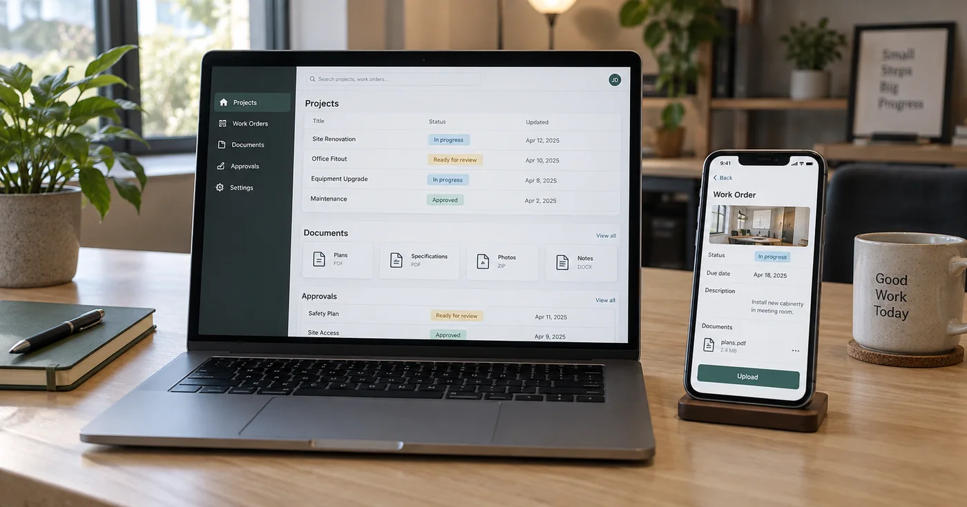 AI-generated illustration of a laptop and phone showing a conceptual business portal for projects, documents, and approvals