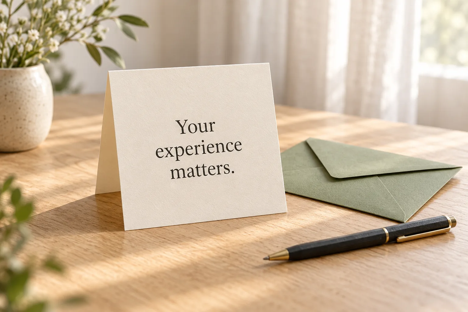 An ivory note card reading ‘Your experience matters.’ beside a sage envelope and charcoal pen.
