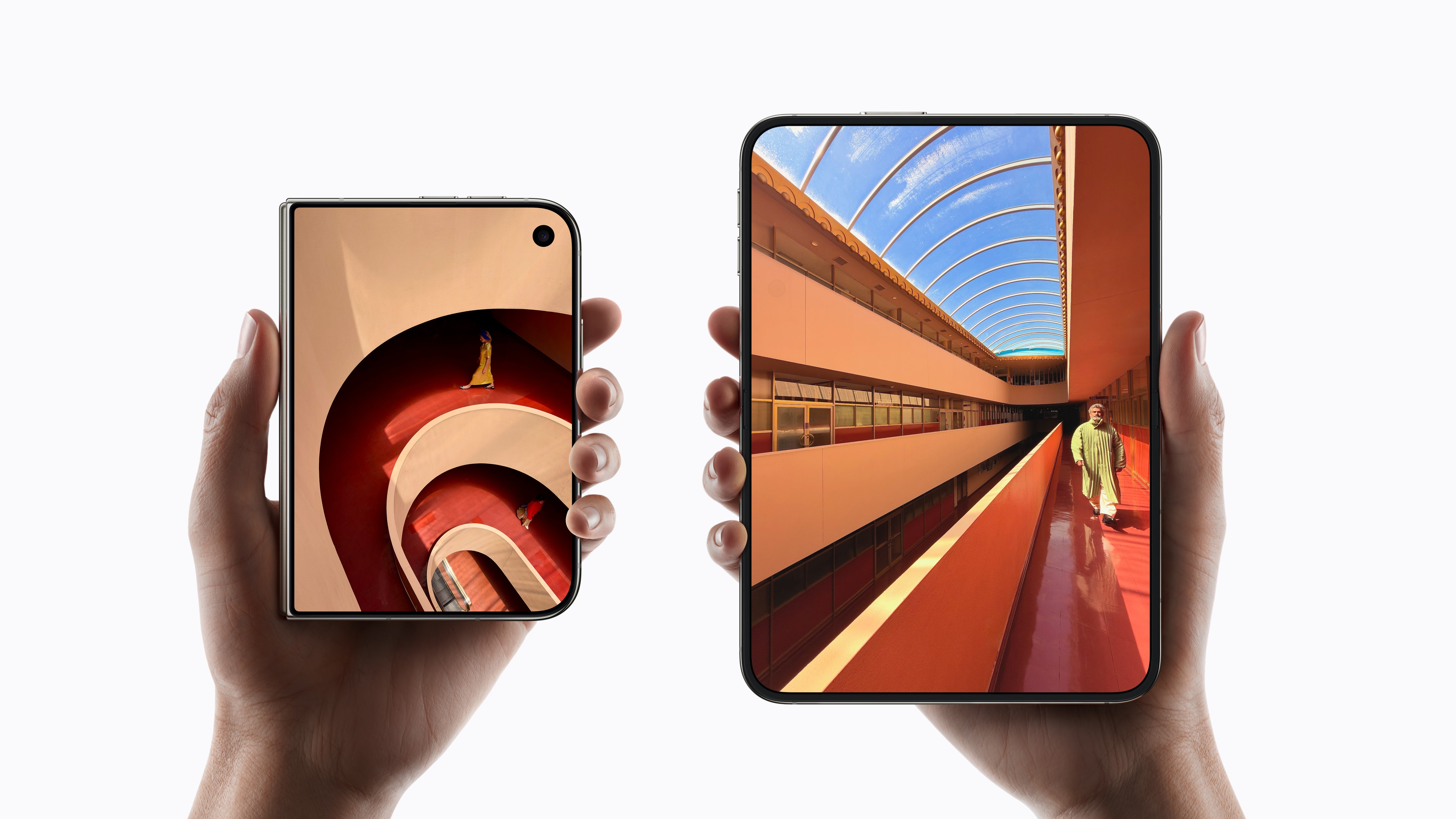 Hands holding iPhone Duo folded on the left and open to its larger display on the right.