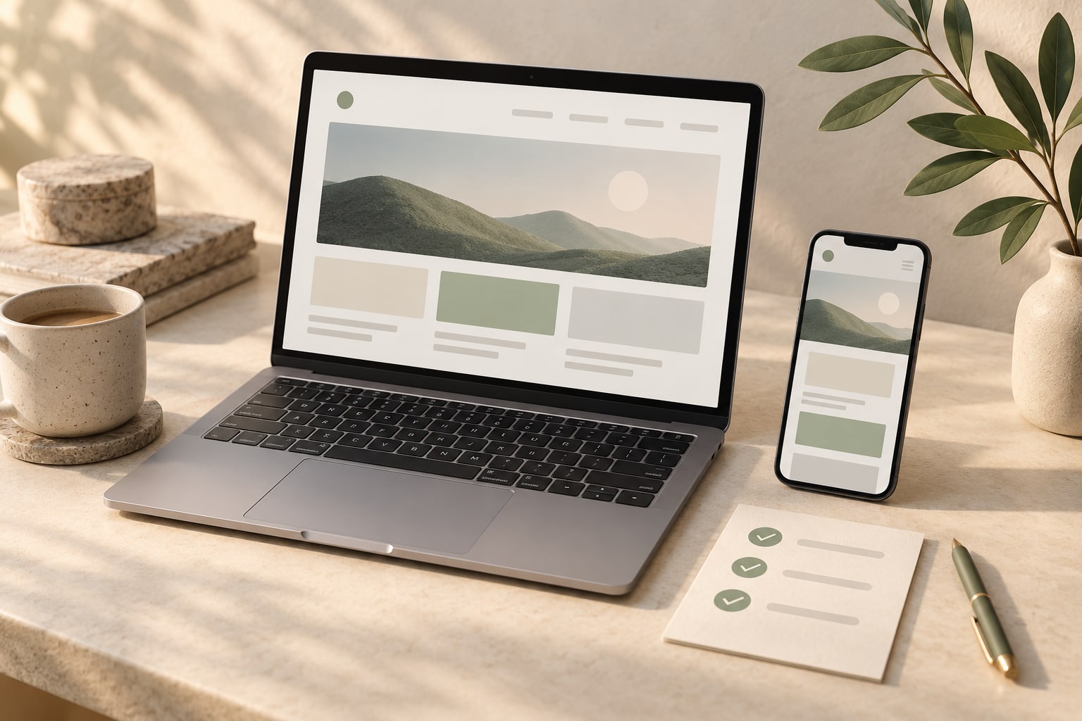 Editorial illustration of a laptop, phone, and checklist in a warm, sage-toned workspace.