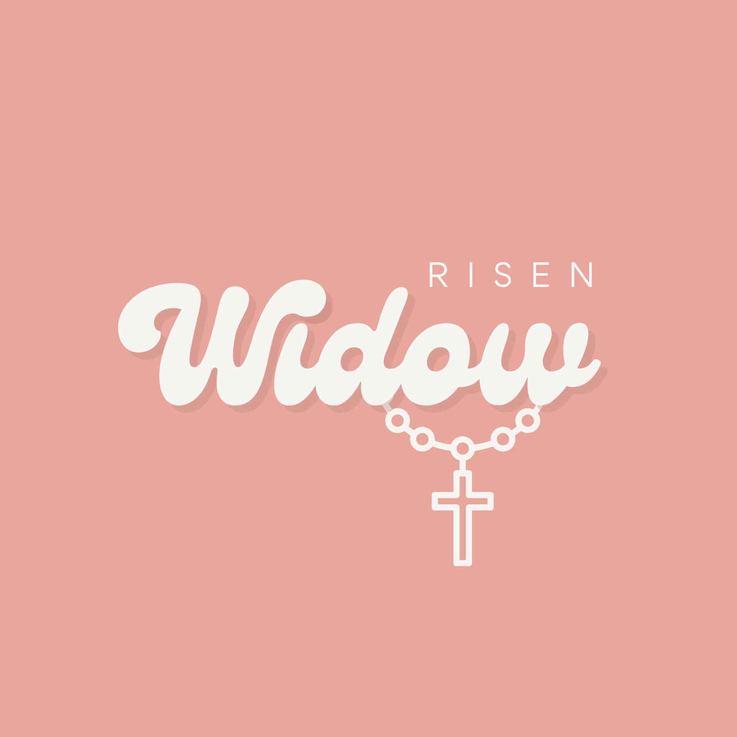 Risen Widow white reversed logo displayed on a coral background