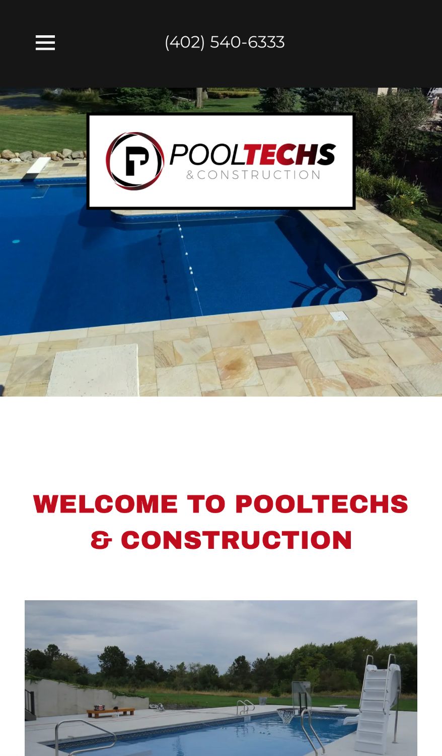 The PoolTechs & Construction homepage on a phone: a black bar with the shop's phone number, the logo over a photo of a finished backyard pool, and a red heading reading Welcome to PoolTechs & Construction.