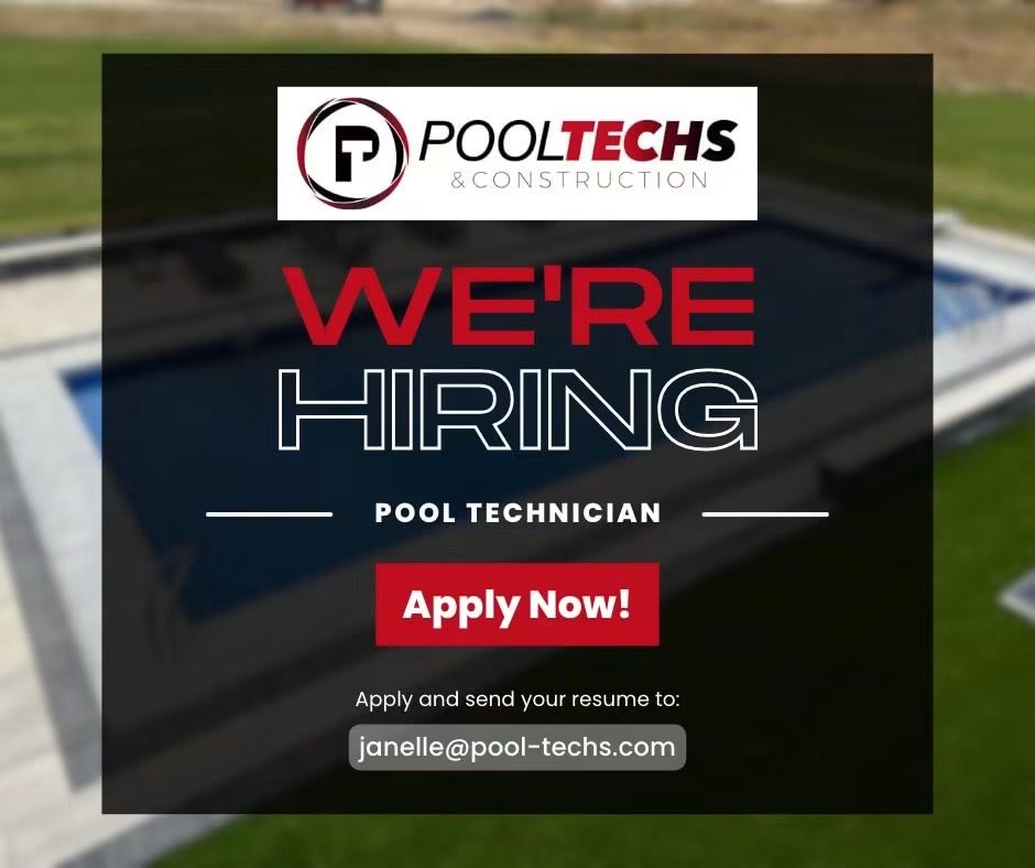 A social media graphic reading We're Hiring, Pool Technician, with an Apply Now button and an application email address, set over a darkened photo of a pool.