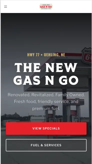 The Uehling Gas N Go homepage on a phone: the logo in a white bar, then a dark photo of the Phillips 66 forecourt with the heading The New Gas N Go and buttons for View Specials and Fuel & Services.