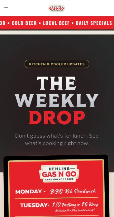 The Weekly Drop page on a phone, headed Kitchen & Cooler Updates, listing each weekday's lunch special on a red board — Monday BBQ rib sandwich, Tuesday footlongs and wraps, Wednesday smothered chicken breast.
