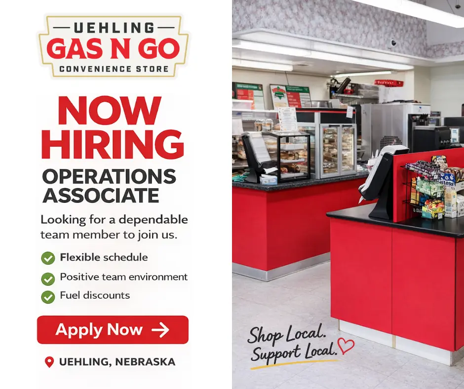 A Now Hiring social graphic for an operations associate, listing flexible schedule, positive team environment and fuel discounts beside a photo of the store counter, signed Shop Local. Support Local.
